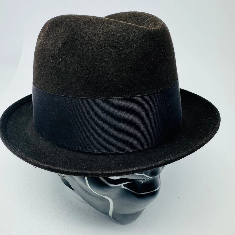 Vintage Mallory Fedora Hat Brown Fur Felt Cravenette Processed‎ Size 7 Feather